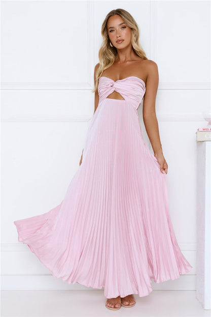 Secret Hues Strapless Pleated Satin Maxi Dress Blush