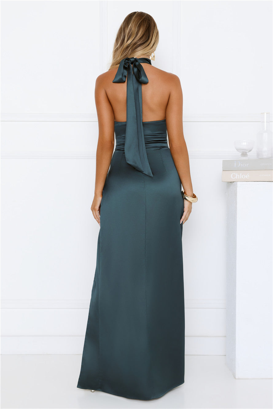 Satin Sophistication Halter Maxi Dress Green