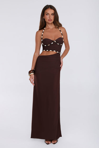 Shell Kissed Mesh Halter Maxi Dress Brown