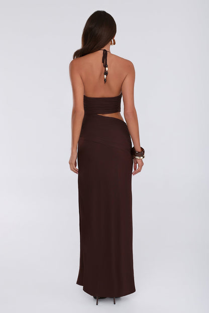 Shell Kissed Mesh Halter Maxi Dress Brown