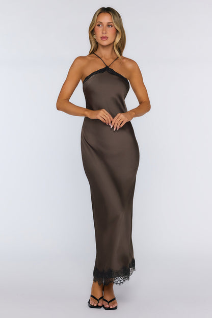 Editorial Archive Satin Lace Maxi Dress Brown