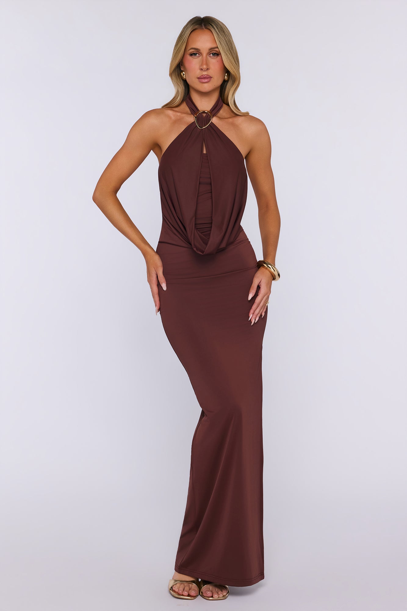 Salt Air Seduction Halter Maxi Dress Brown