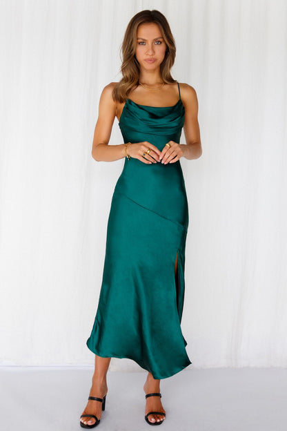 Lychee Martini Satin Midi Dress Forest Green