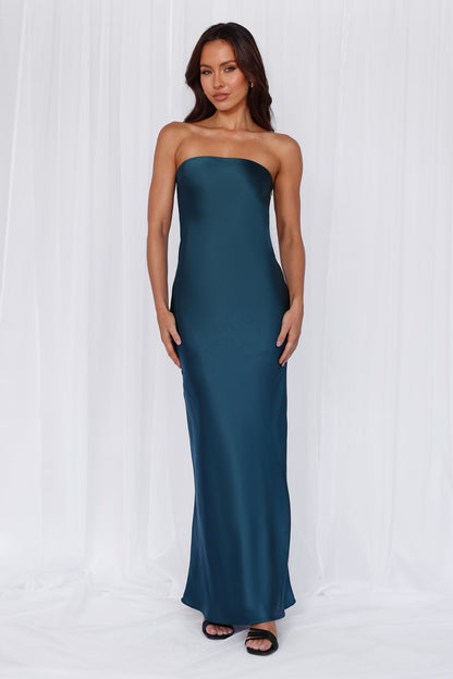 The Felicity Strapless Satin Maxi Dress Teal