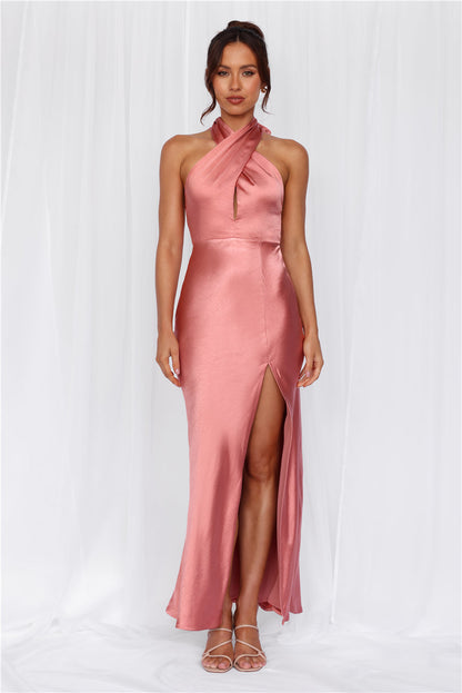 The Adeline Halter Satin Maxi Dress Rose