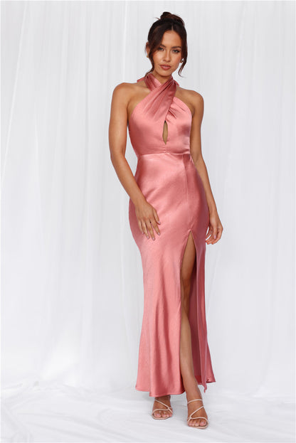 The Adeline Halter Satin Maxi Dress Rose