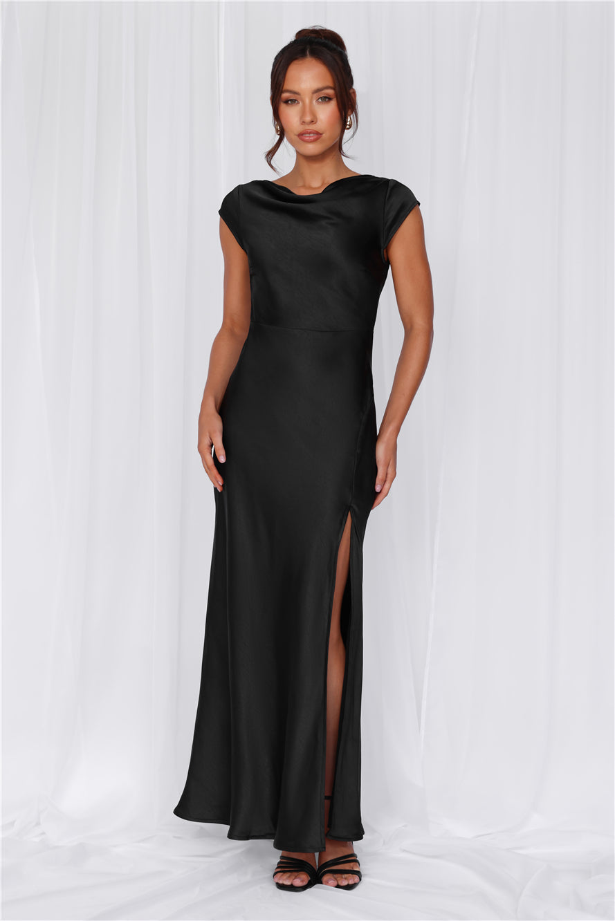 The Valentina Cap Sleeve Satin Maxi Dress Black
