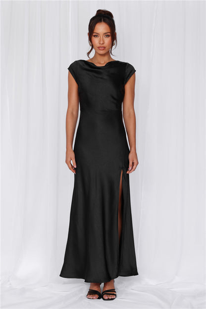 The Valentina Cap Sleeve Satin Maxi Dress Black