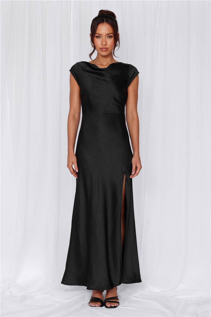 The Valentina Cap Sleeve Satin Maxi Dress Black