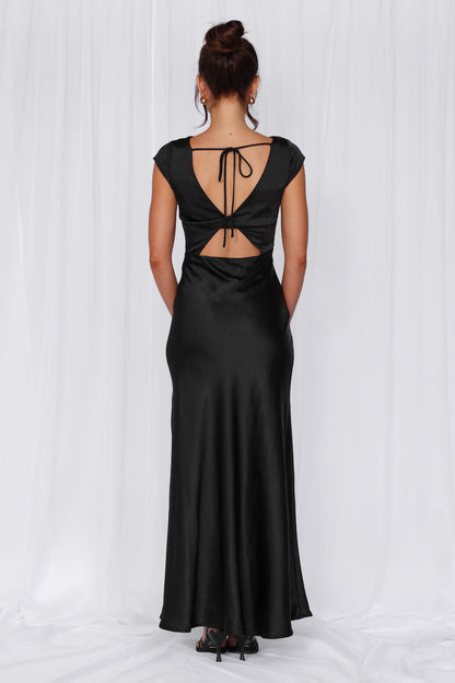 The Valentina Cap Sleeve Satin Maxi Dress Black
