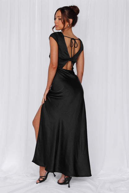 The Valentina Cap Sleeve Satin Maxi Dress Black
