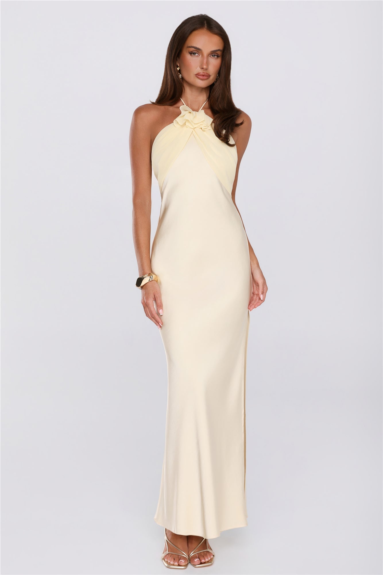 Irresistibly Sleek Halter Satin Maxi Dress Yellow
