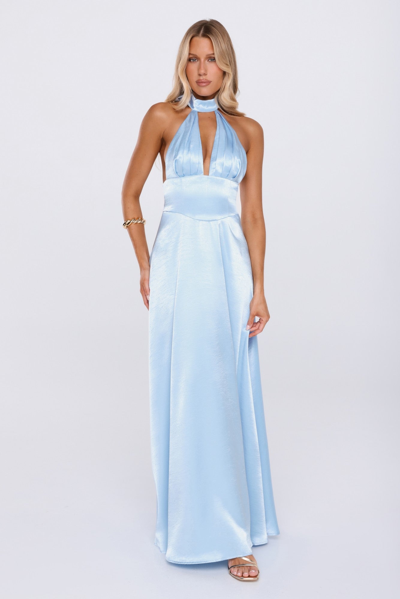 The Dress Diary Satin Halter Maxi Dress Blue