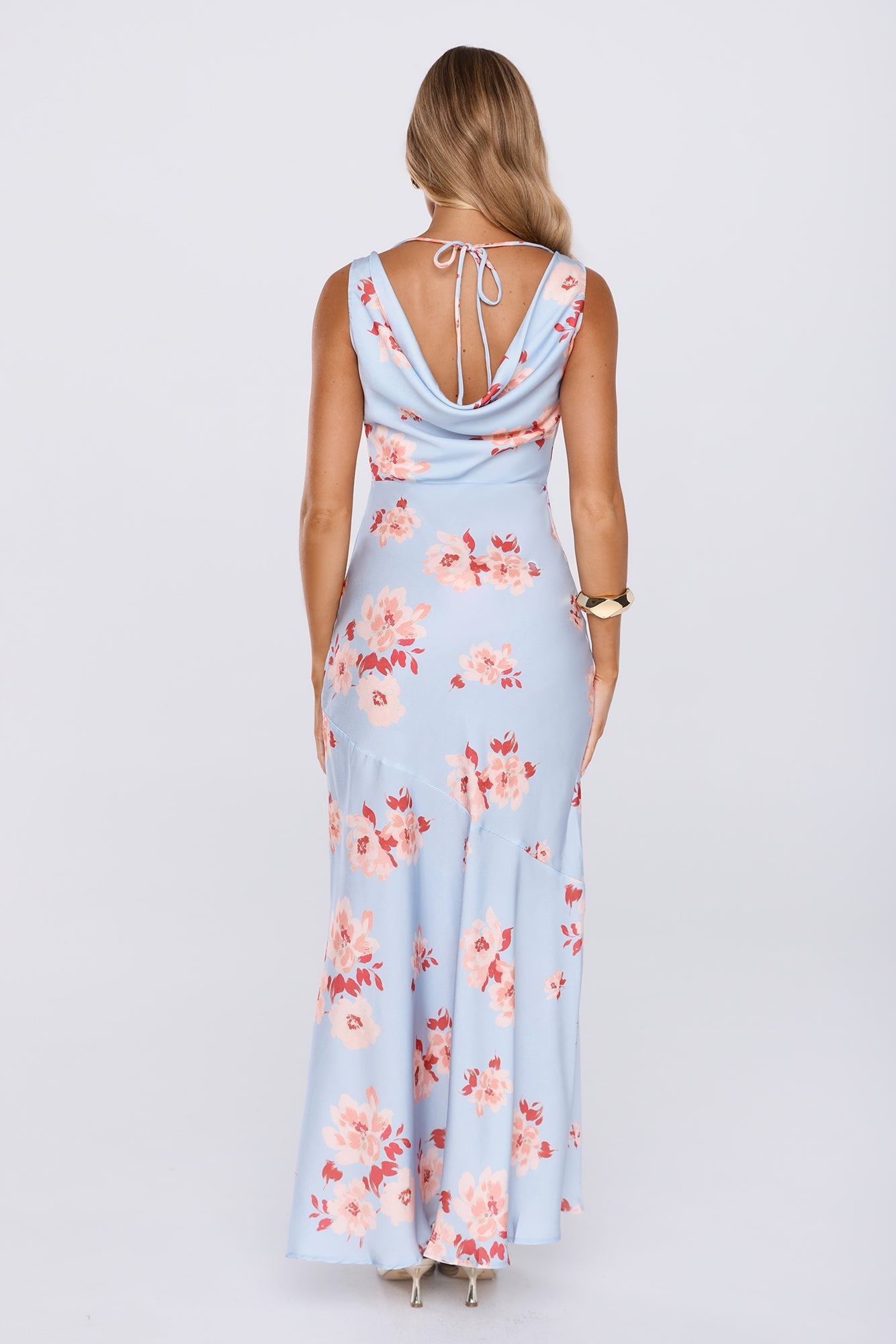 Elegant Garden Satin Cowl Neck Maxi Dress Blue